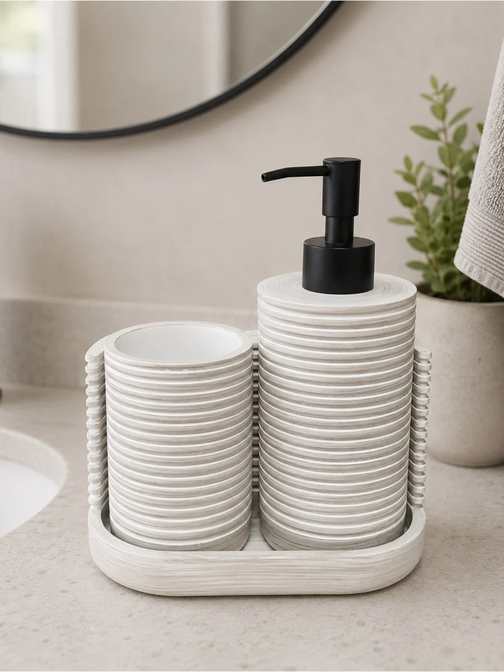 Modern Ribbed Bathroom Organizer Set – White/Gray – New
